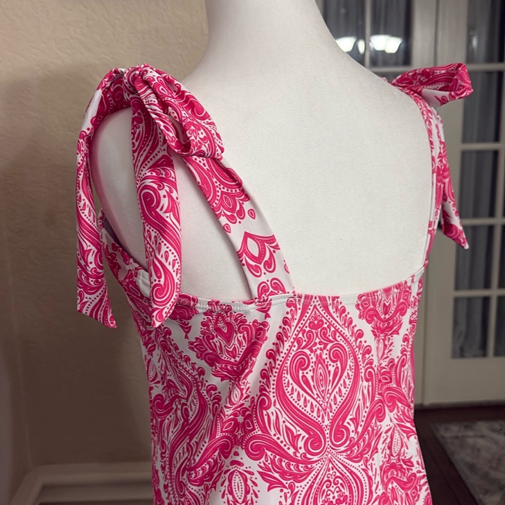 Shein pink tropische print ties on shoulder one piece swimsuit Size L - Picture 11 of 17